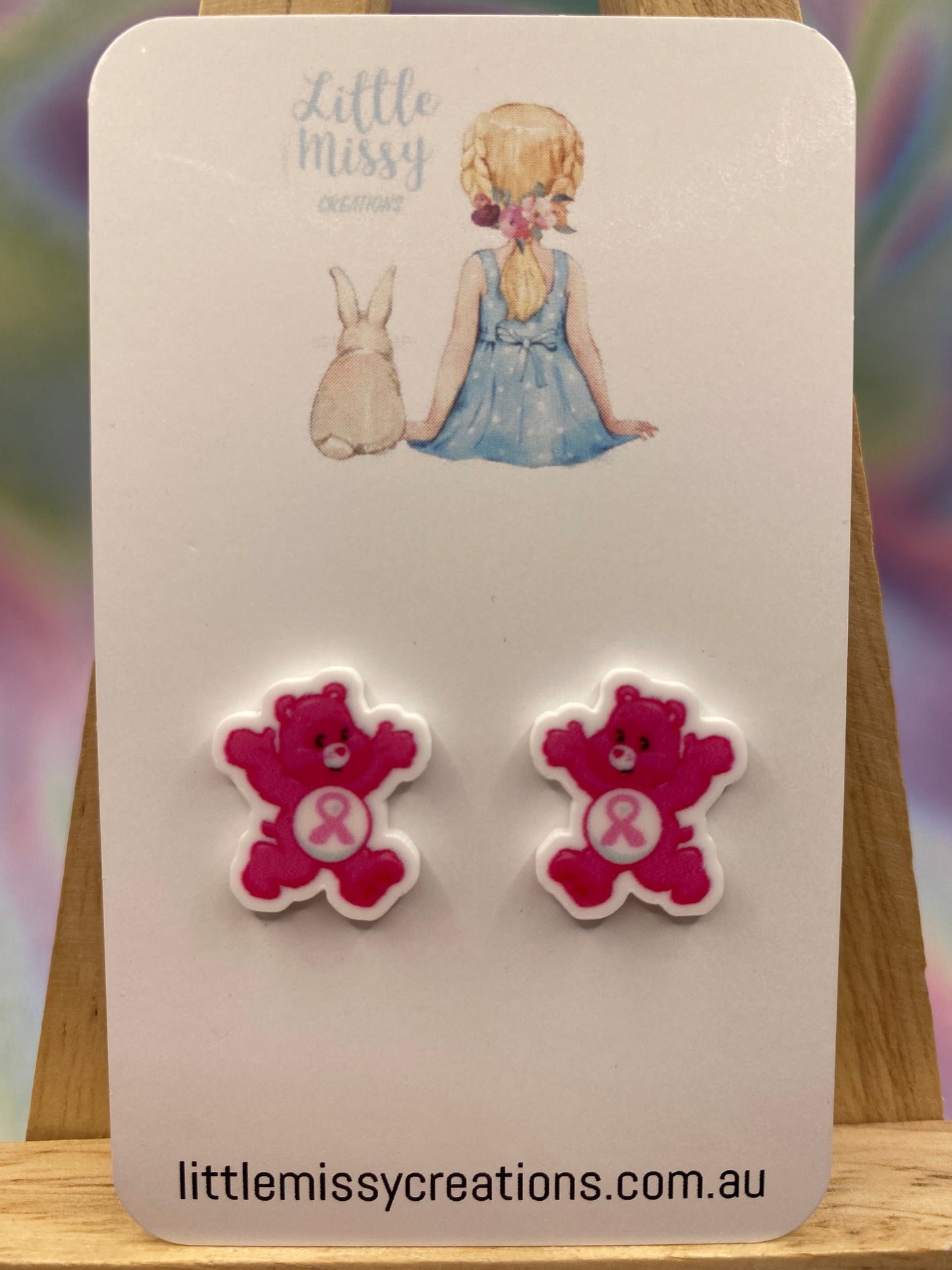 Pink Ribbon Care Bear Studs