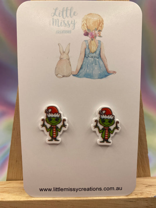 Grinch Christmas holding Candy Canes Studs