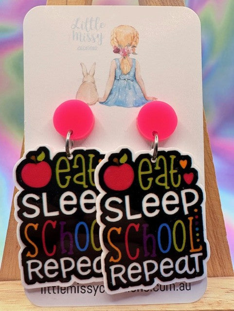 Pink Top Eat Sleep School Repeat Dangles