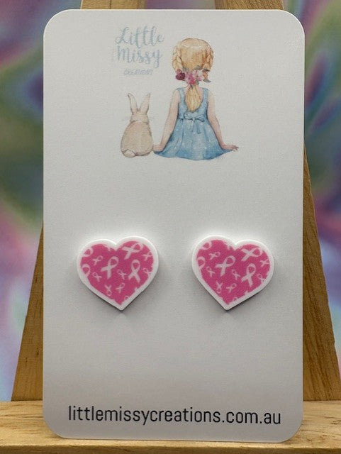 Pink Ribbon Hearts Studs